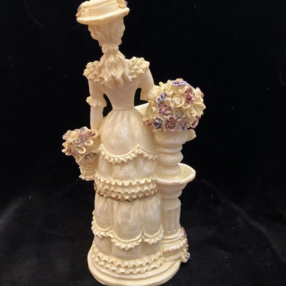Vintage Victorian Woman w/ Basket of Shimmery Flowers Colonial Lady Figurine